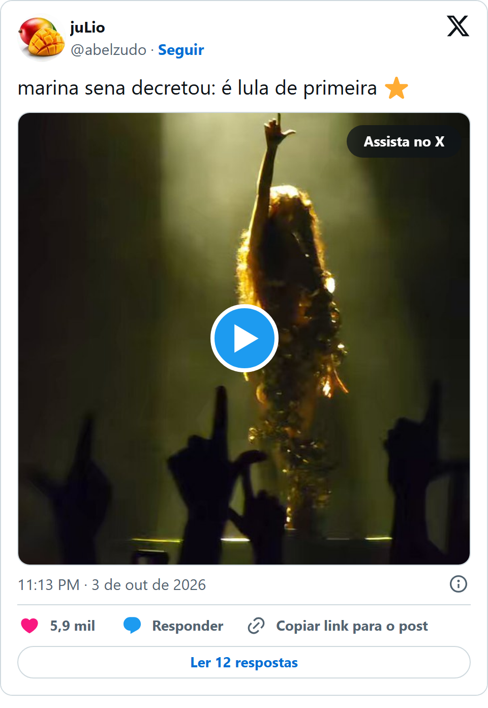 Print arquivado do post de Marina Sena em 03/10/2026