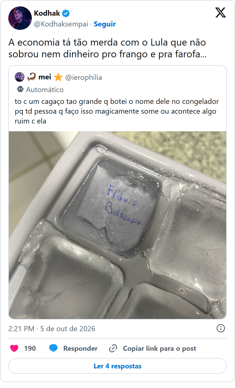 Print arquivado do post de Kodhak em 05/10/2026