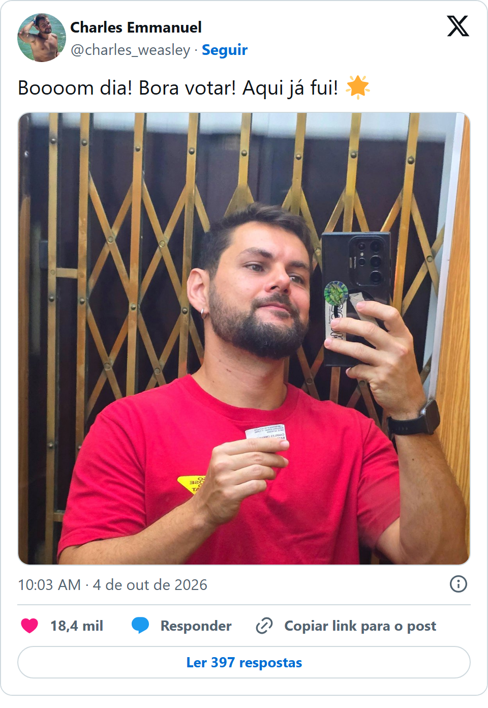 Print arquivado do post de Charles Emmanuel em 04/10/2026