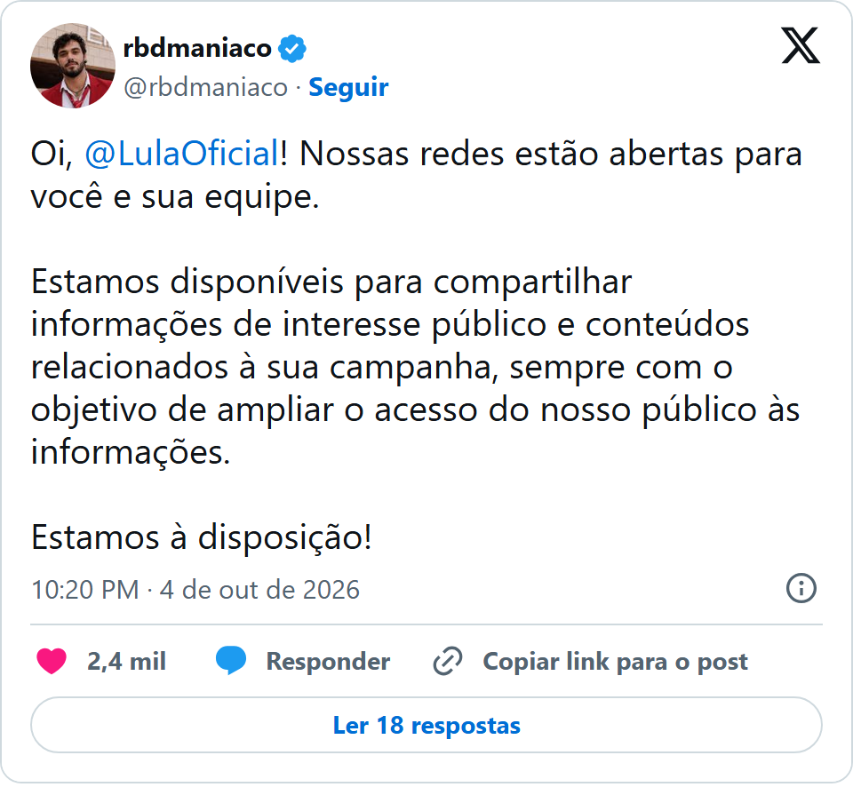 Print arquivado do post de rbdmaniaco em 04/10/2026