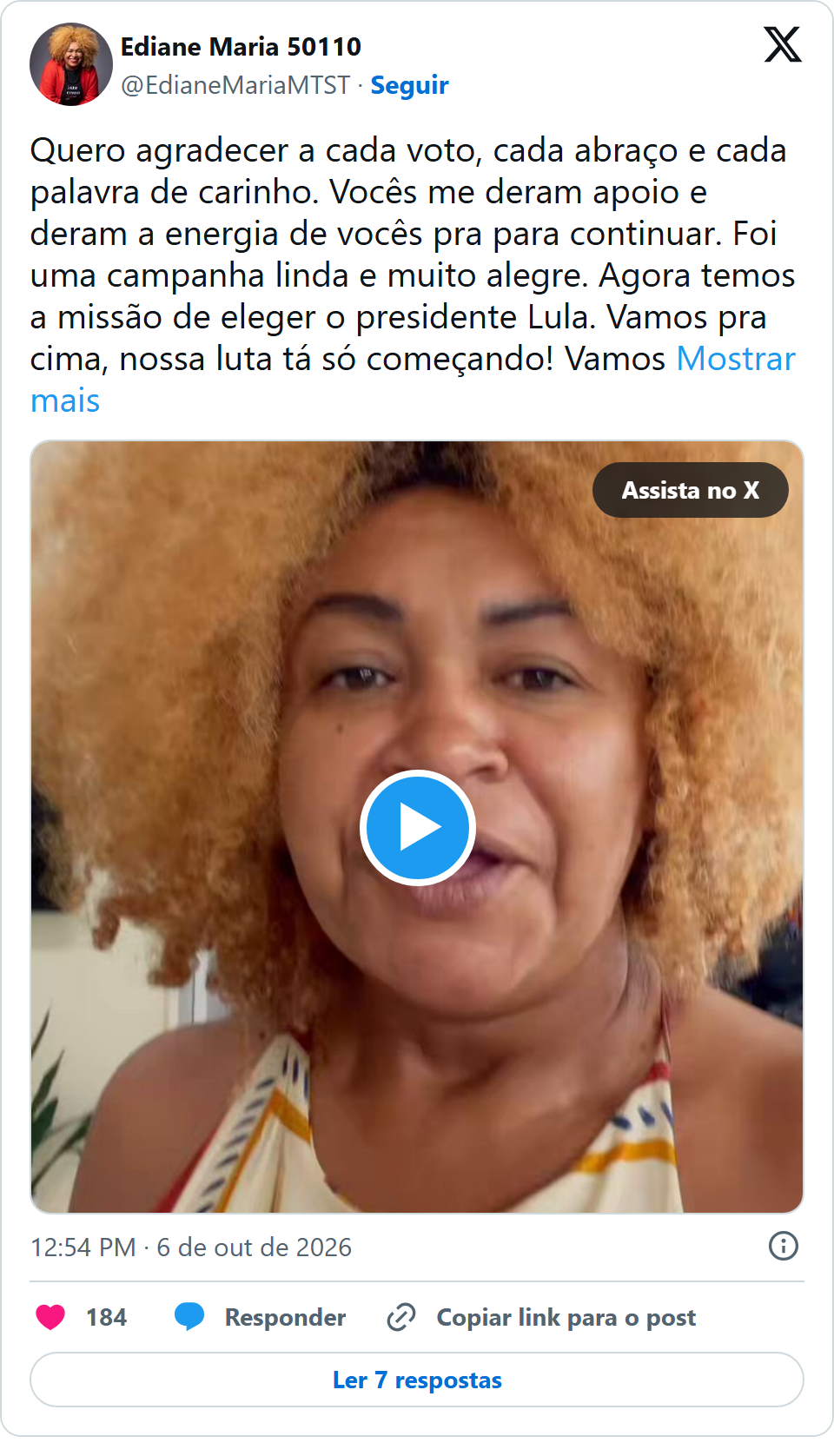 Print arquivado do post de Ediane Maria em 06/10/2026