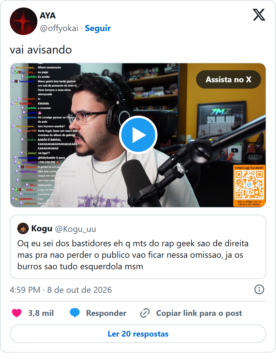Print arquivado do post de Lucas A.R.T em 08/10/2026