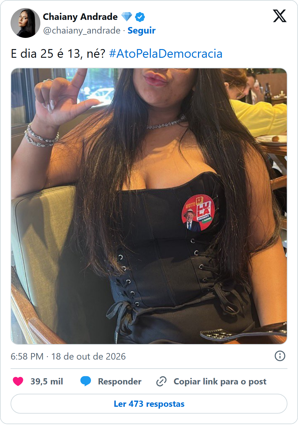 Print arquivado do post de Chaiany Andrade em 18/10/2026
