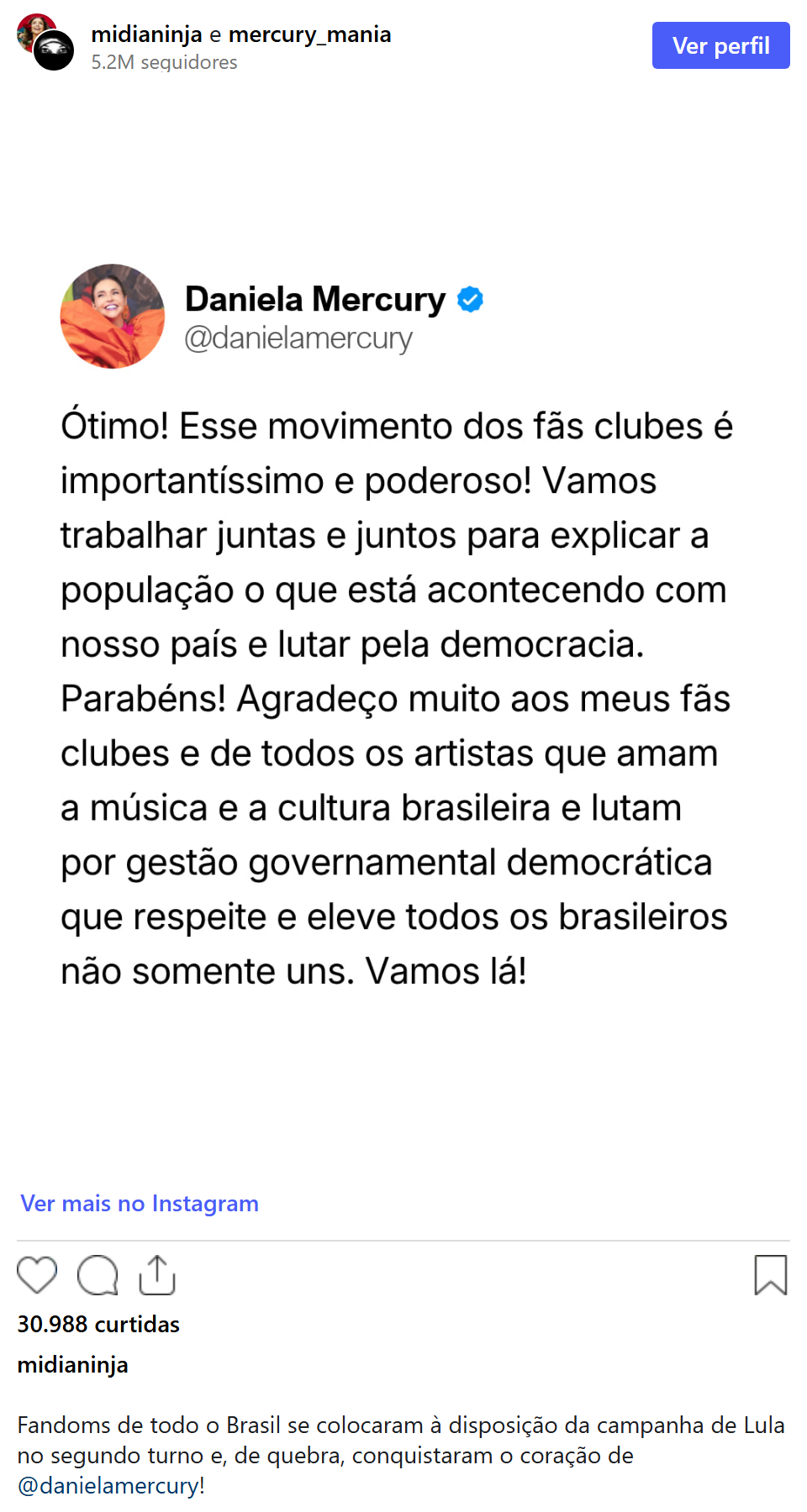 Print arquivado do post de Daniela Mercury em 05/10/2026