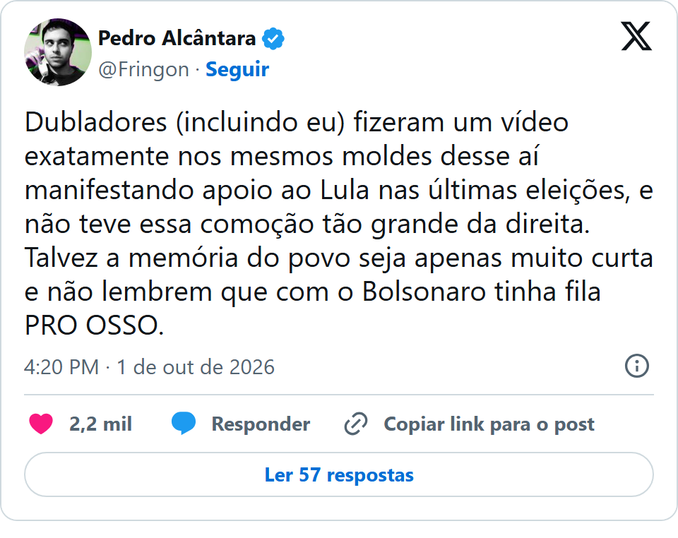 Print arquivado do post de Pedro Alcântara em 01/10/2026
