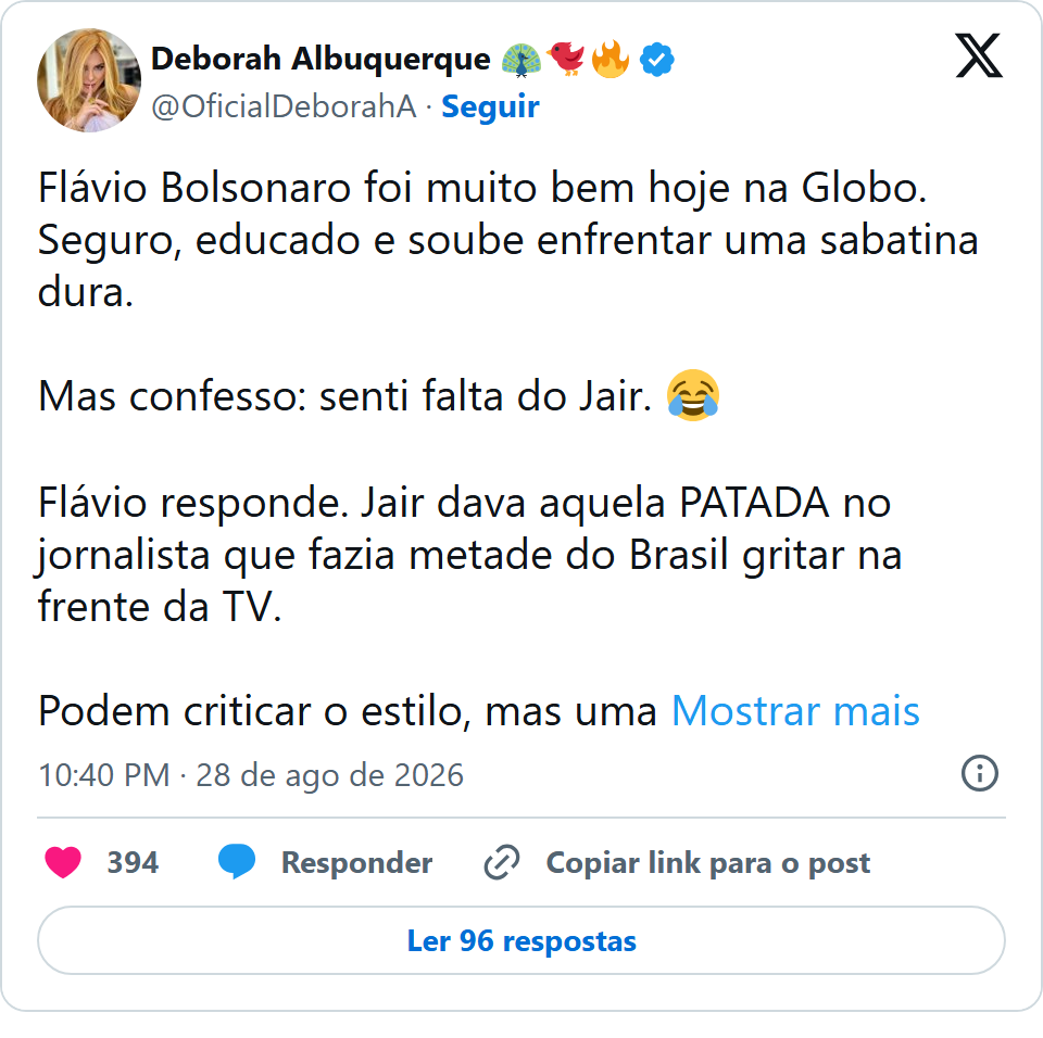 Print arquivado do post de Déborah Albuquerque em 28/08/2026