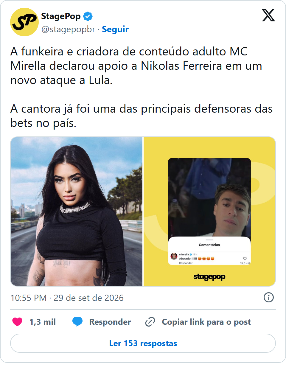 Print arquivado do post de MC Mirella em 29/09/2026
