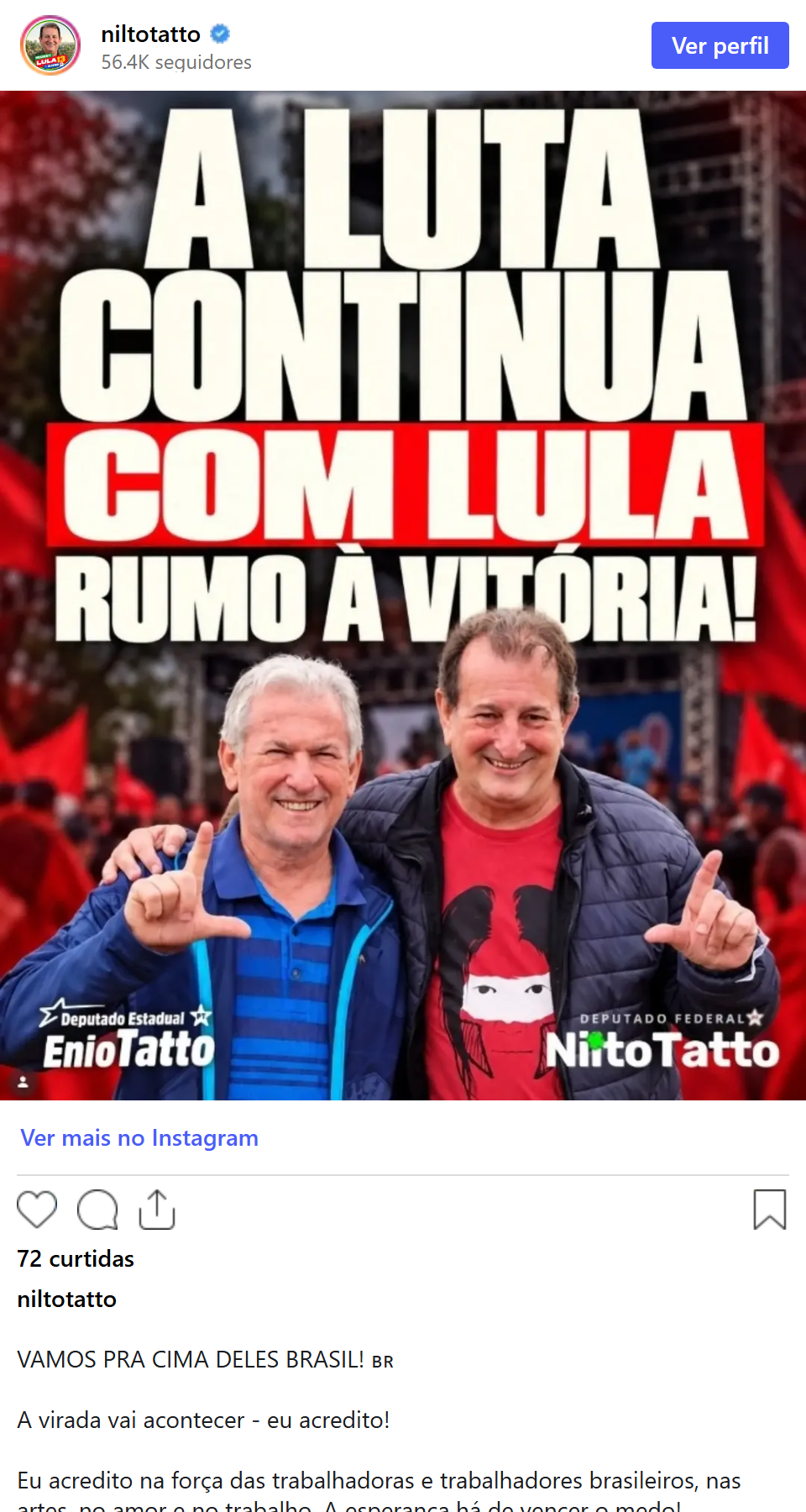 Print arquivado do post de Nilto Tatto em 06/10/2026