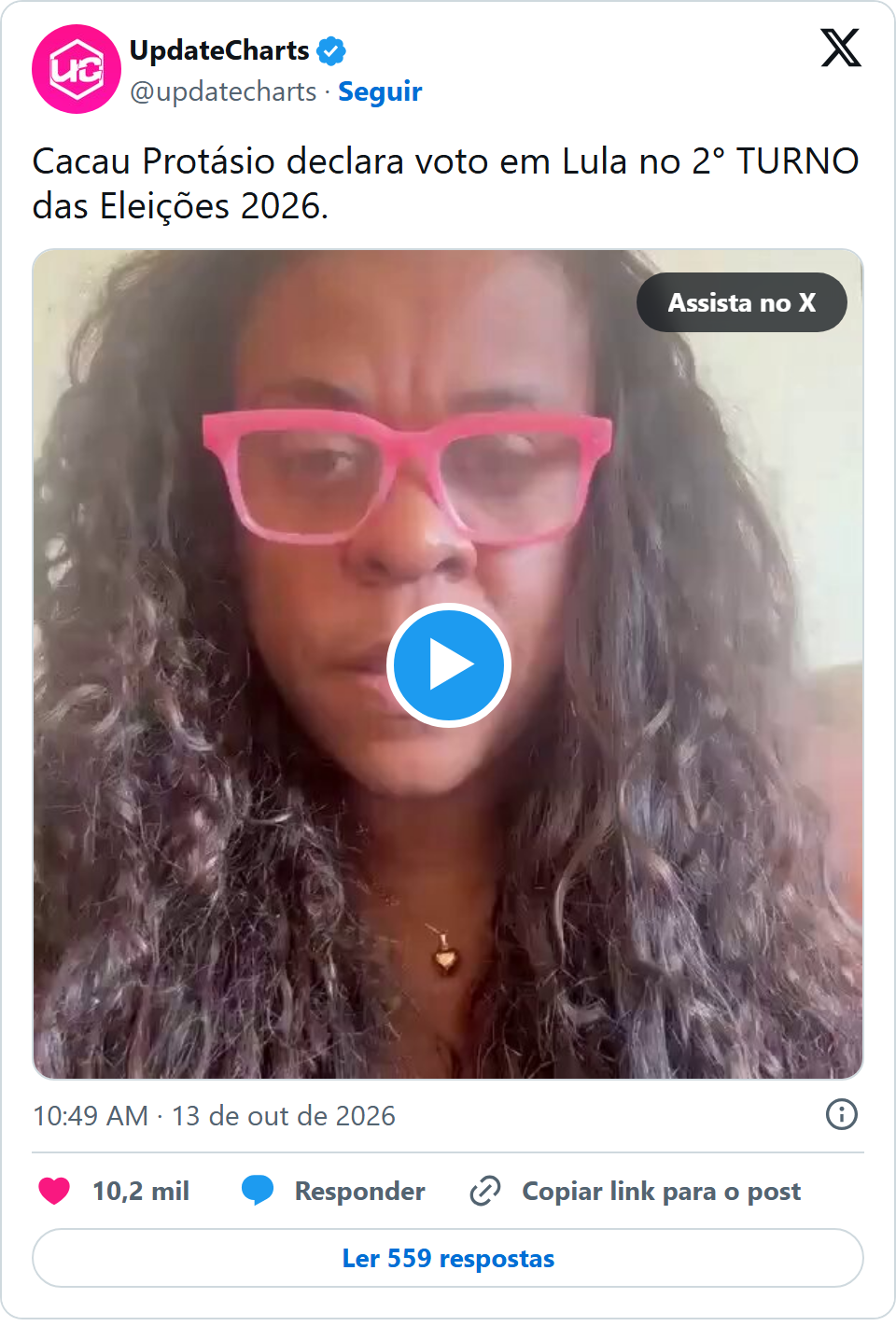 Print arquivado do post de Cacau Protásio em 13/10/2026