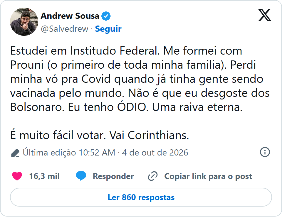 Print arquivado do post de Andrew Sousa em 04/10/2026