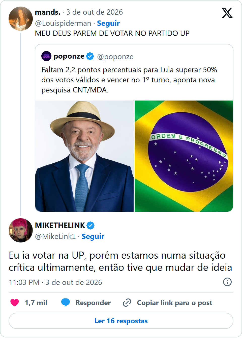 Print arquivado do post de MIKETHELINK em 03/10/2026