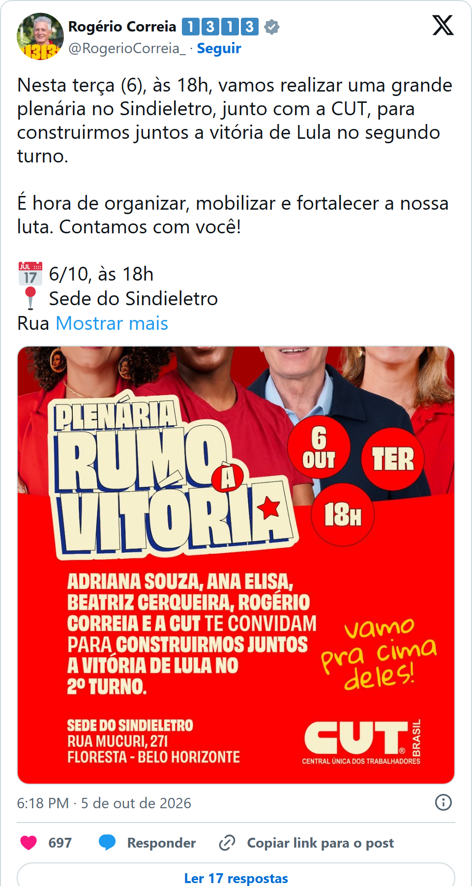 Print arquivado do post de Rogério Correia em 05/10/2026