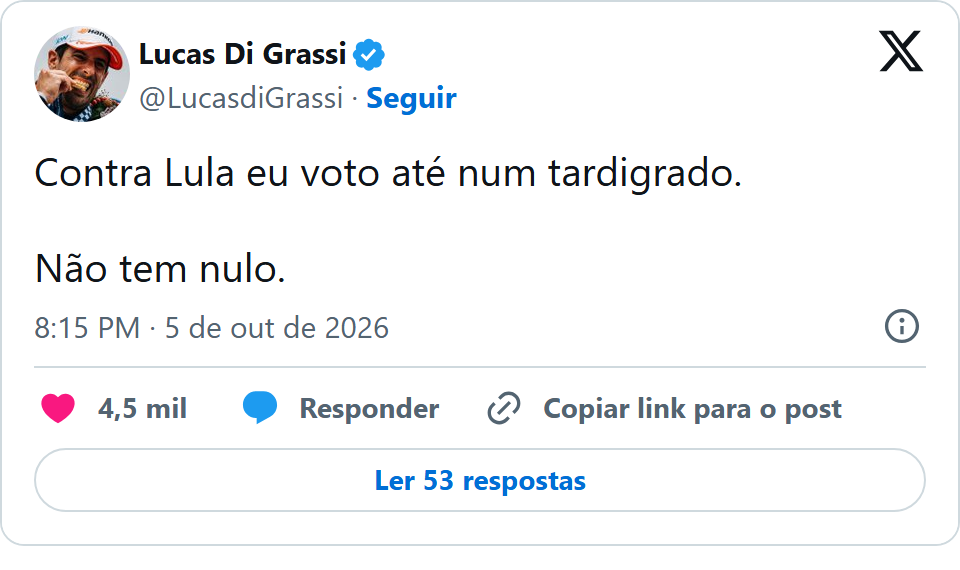 Print arquivado do post de Lucas Di Grassi em 05/10/2026