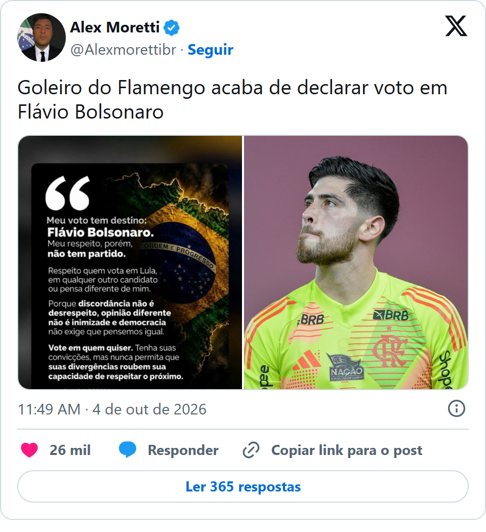 Print arquivado do post de Rossi (goleiro do Flamengo) em 04/10/2026