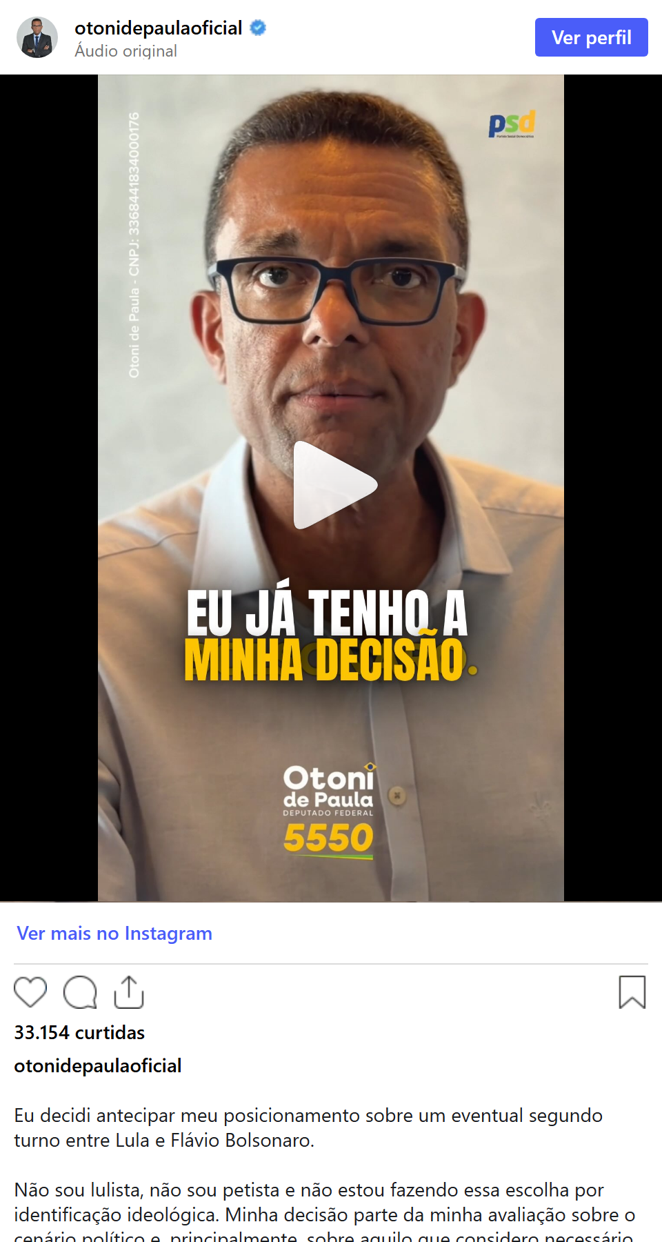 Print arquivado do post de Otoni de Paula em 02/10/2026
