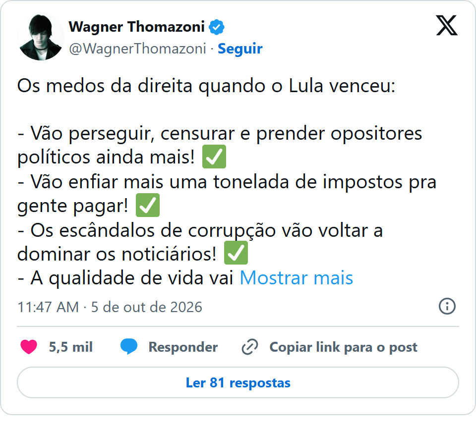 Print arquivado do post de Wagner Thomazoni em 05/10/2026