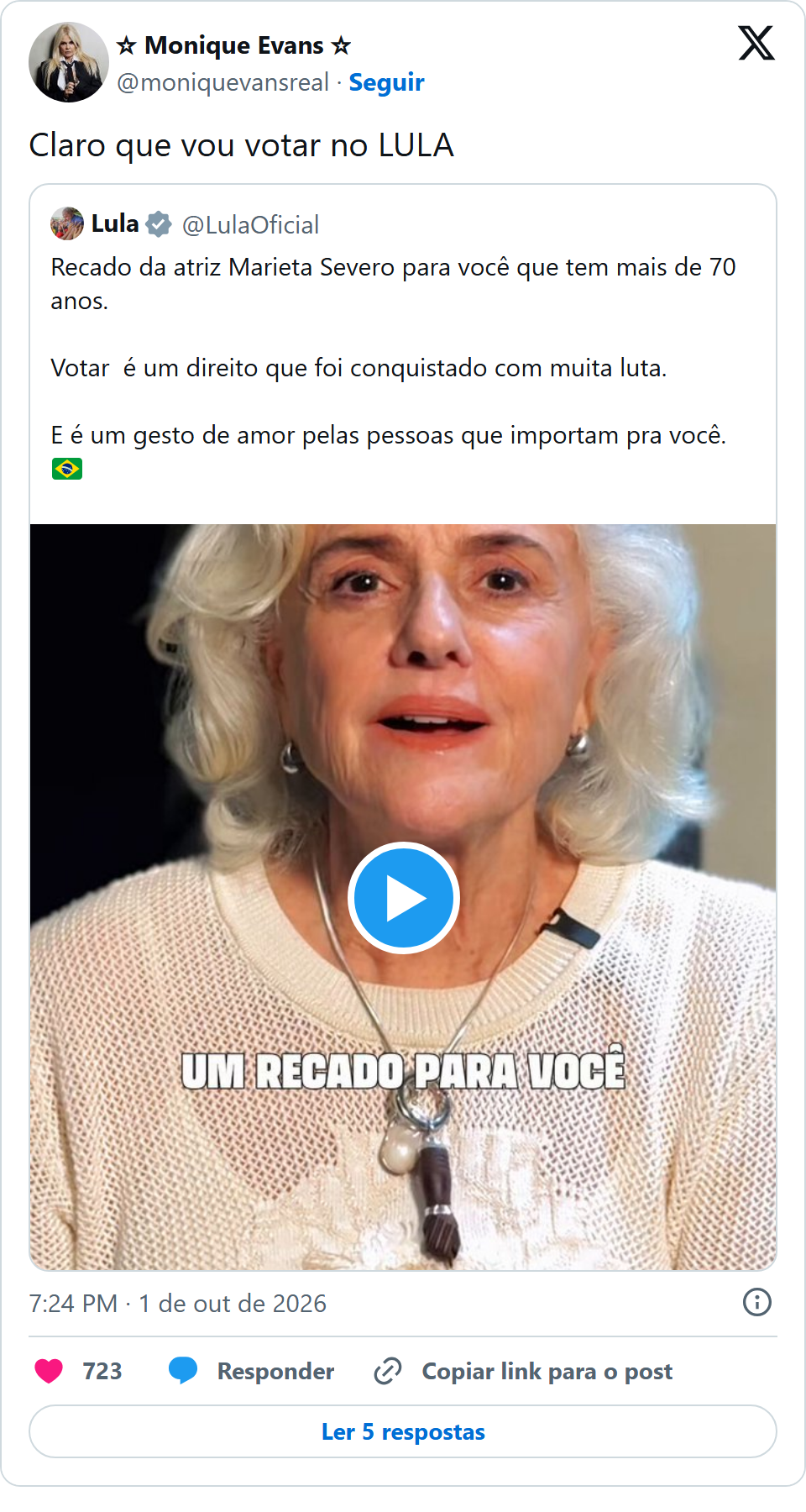 Print arquivado do post de Monique Evans em 01/10/2026