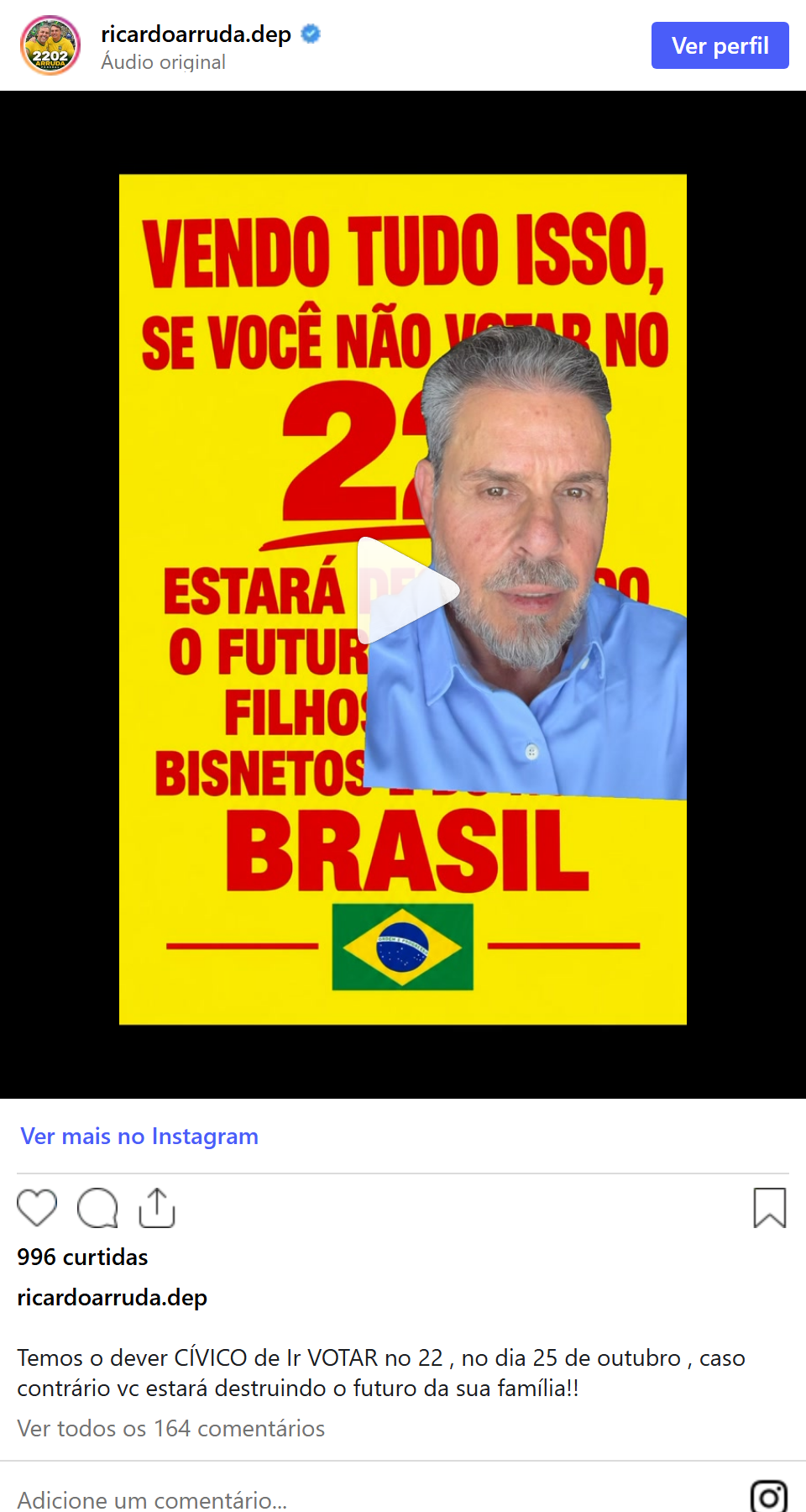 Print arquivado do post de Ricardo Arruda em 07/10/2026