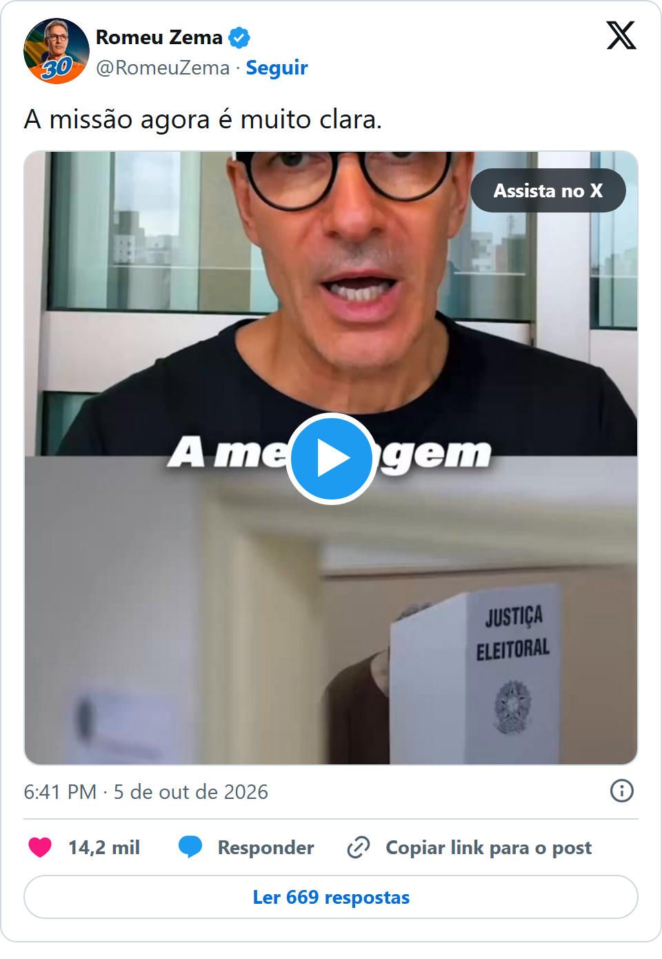 Print arquivado do post de Romeu Zema em 05/10/2026