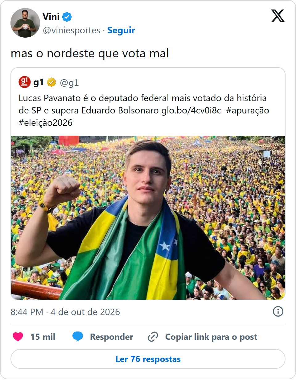 Print arquivado do post de Vini Esportes em 04/10/2026