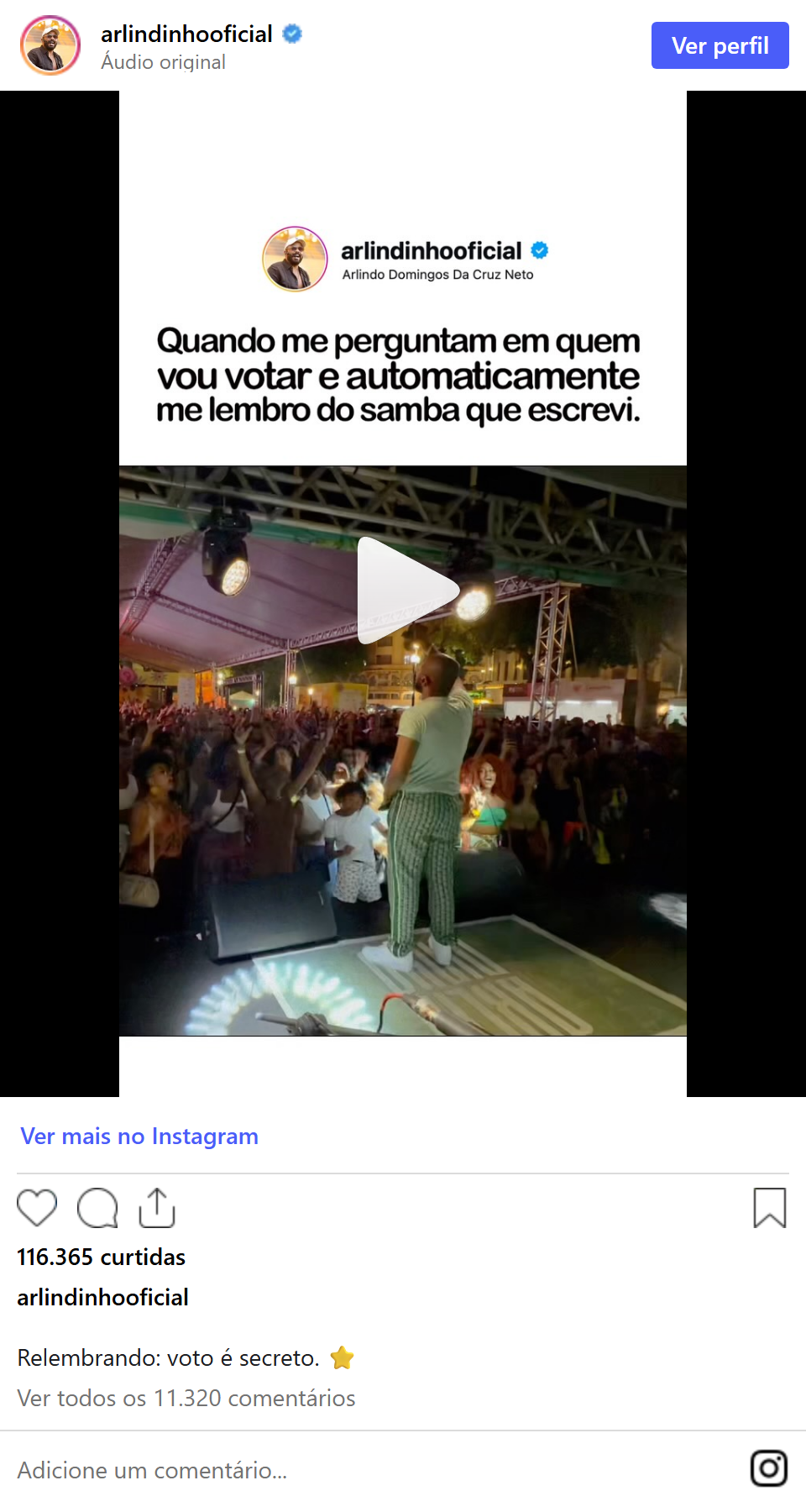 Print arquivado do post de Arlindinho em 01/10/2026