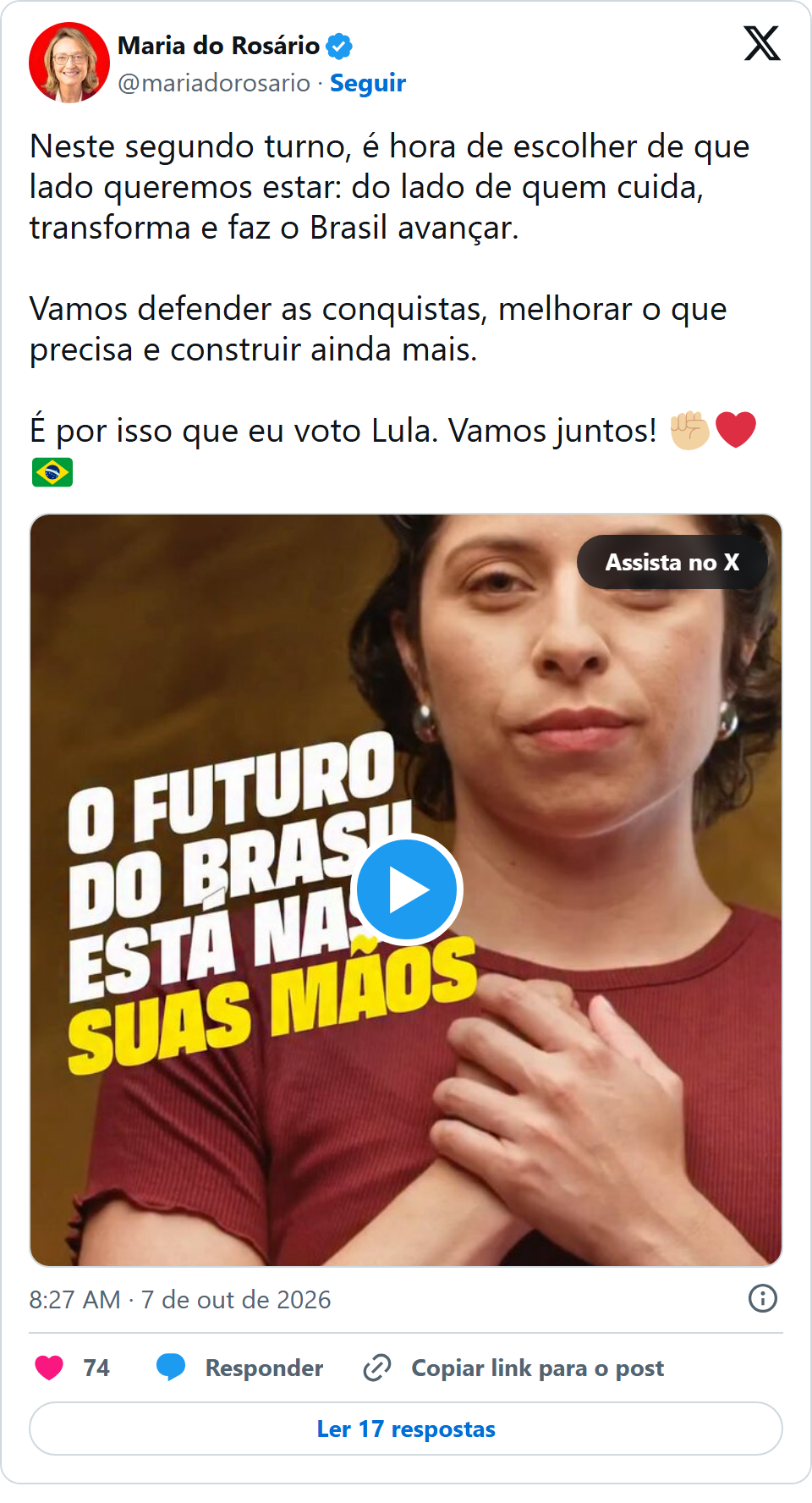 Print arquivado do post de Maria do Rosário em 07/10/2026