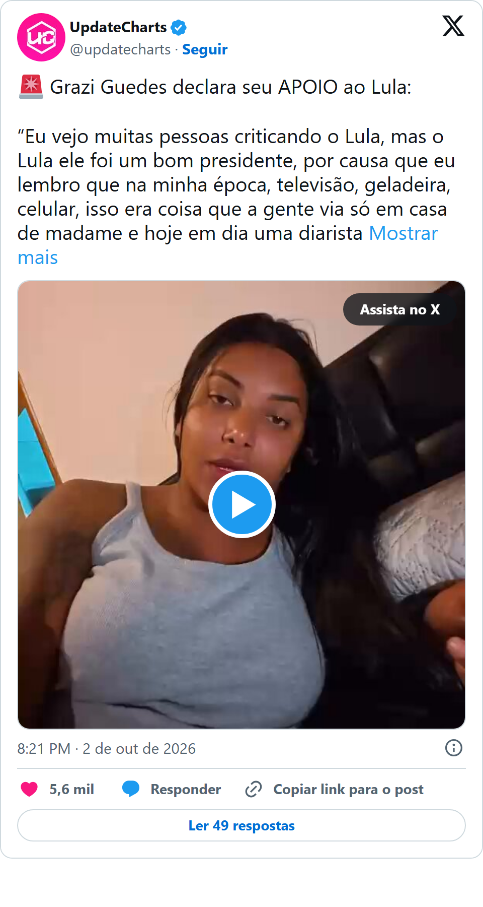 Print arquivado do post de Grazi Guedes em 02/10/2026