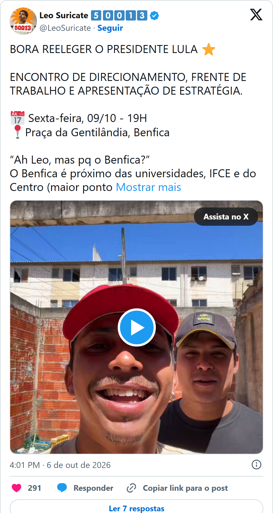 Print arquivado do post de Leo Suricate em 06/10/2026