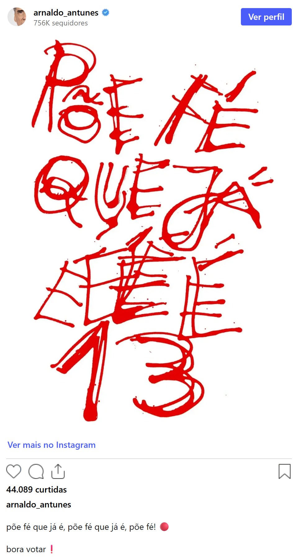 Print arquivado do post de Arnaldo Antunes em 03/10/2026