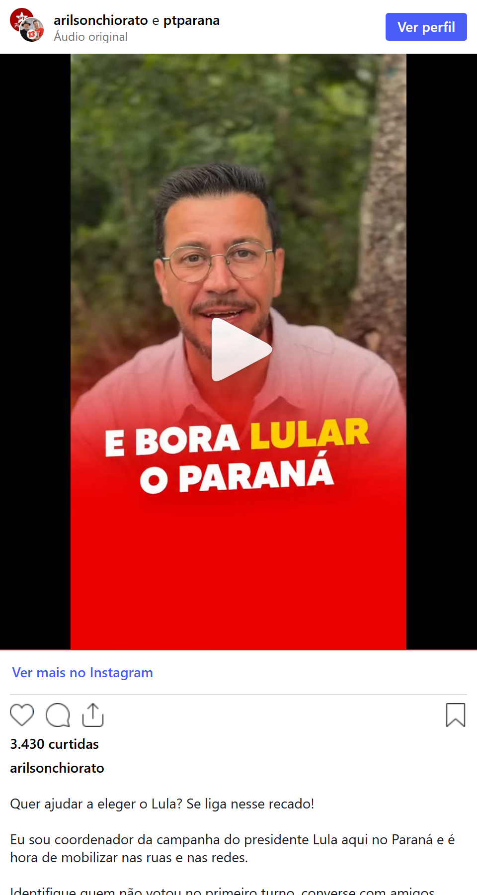 Print arquivado do post de Arilson Chiorato em 05/10/2026