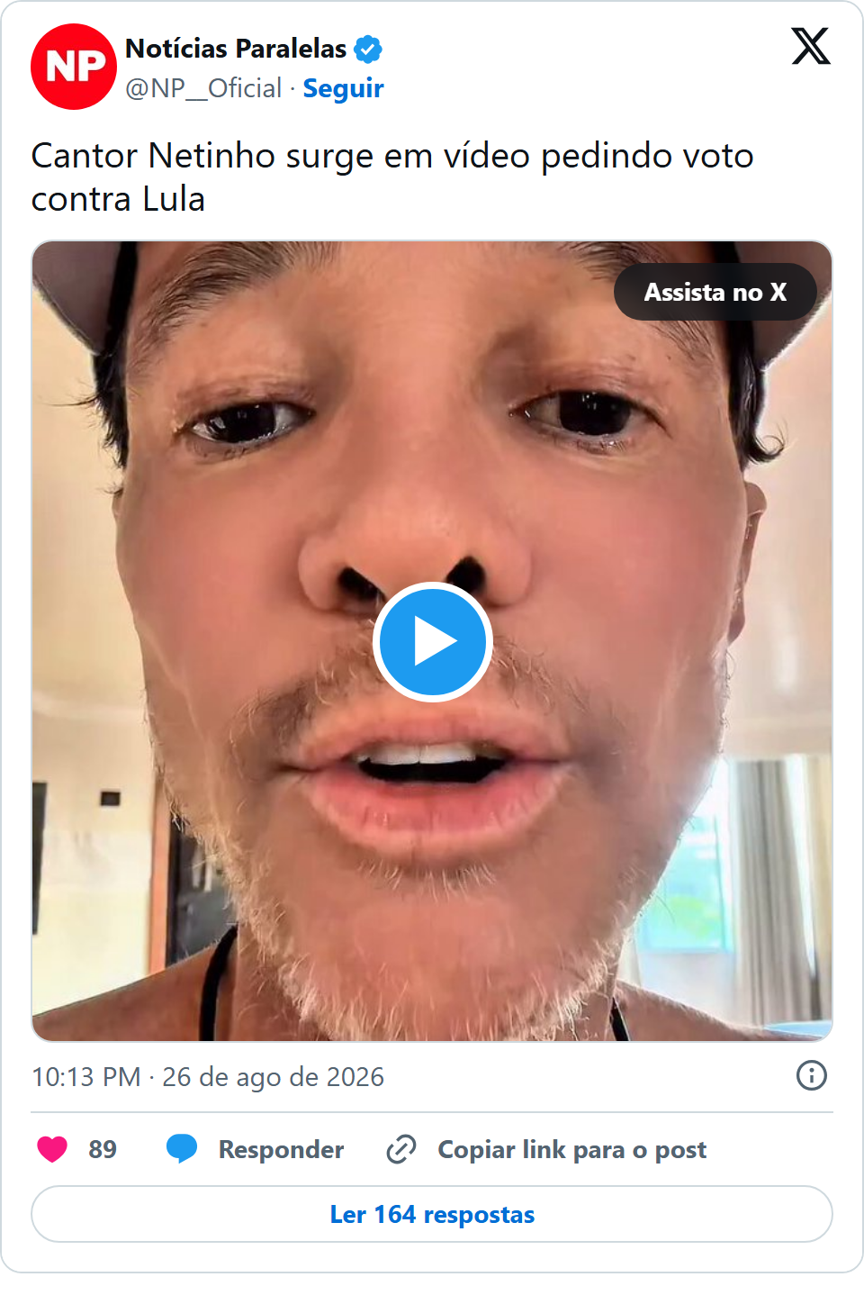 Print arquivado do post de Netinho em 26/08/2026