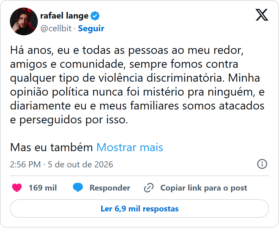Print arquivado do post de Cellbit (Rafael Lange) em 05/10/2026