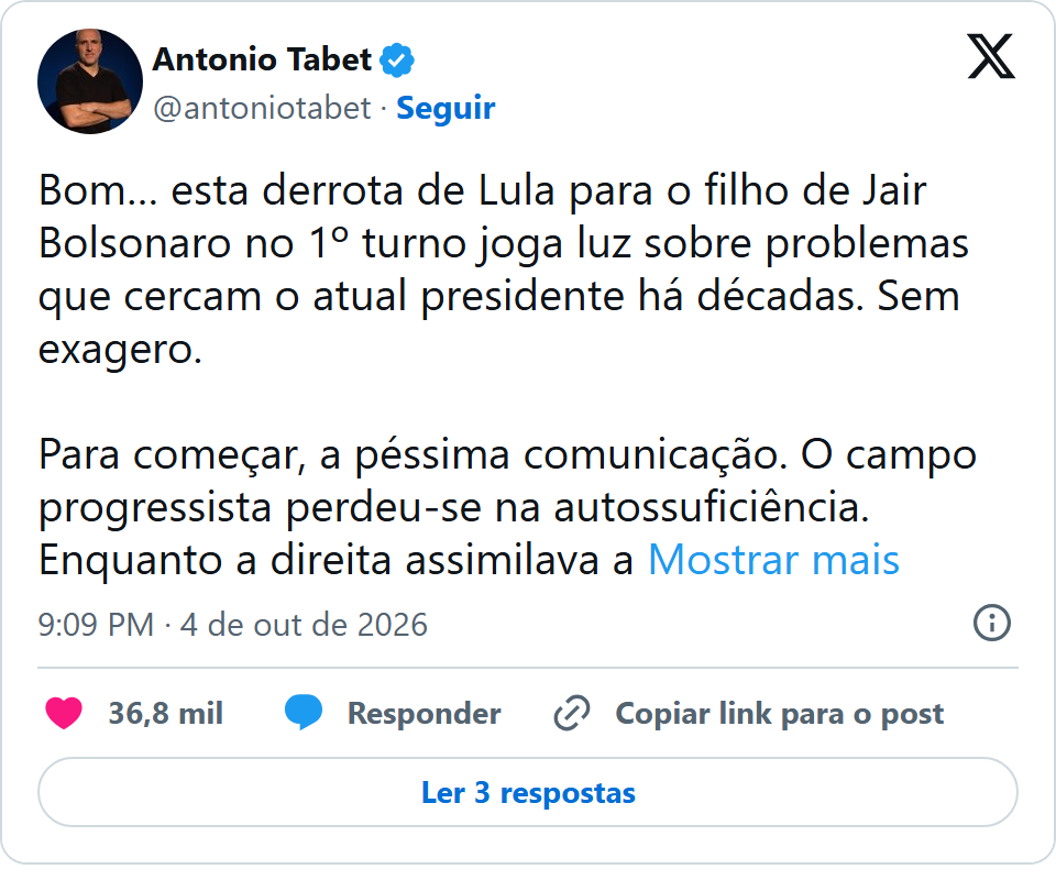 Print arquivado do post de Antonio Tabet em 04/10/2026