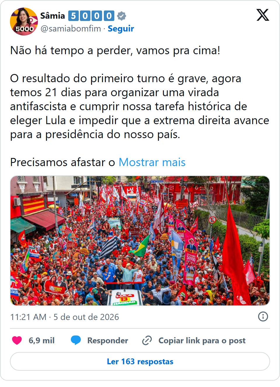 Print arquivado do post de Sâmia Bomfim em 05/10/2026