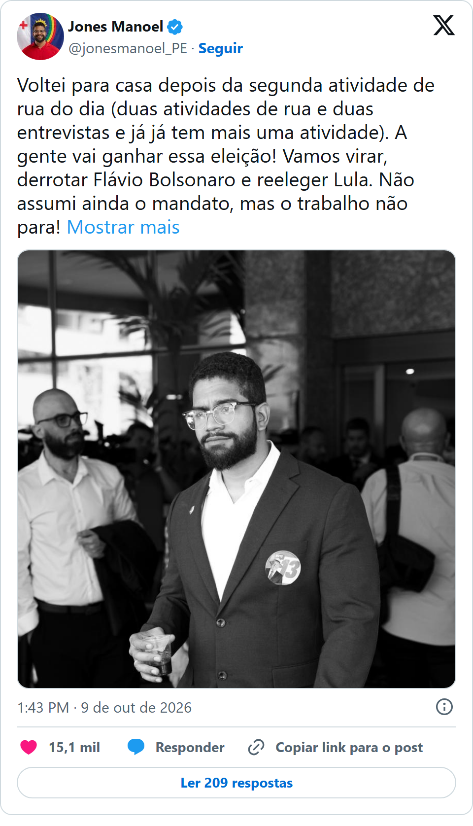 Print arquivado do post de Jones Manoel em 09/10/2026