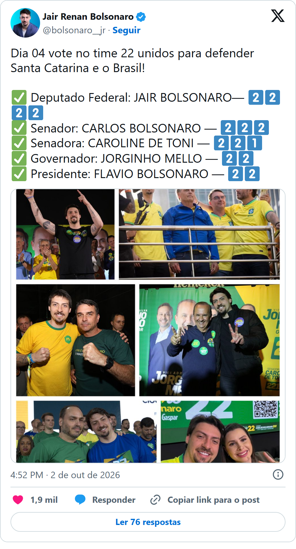Print arquivado do post de Jair Renan Bolsonaro em 02/10/2026