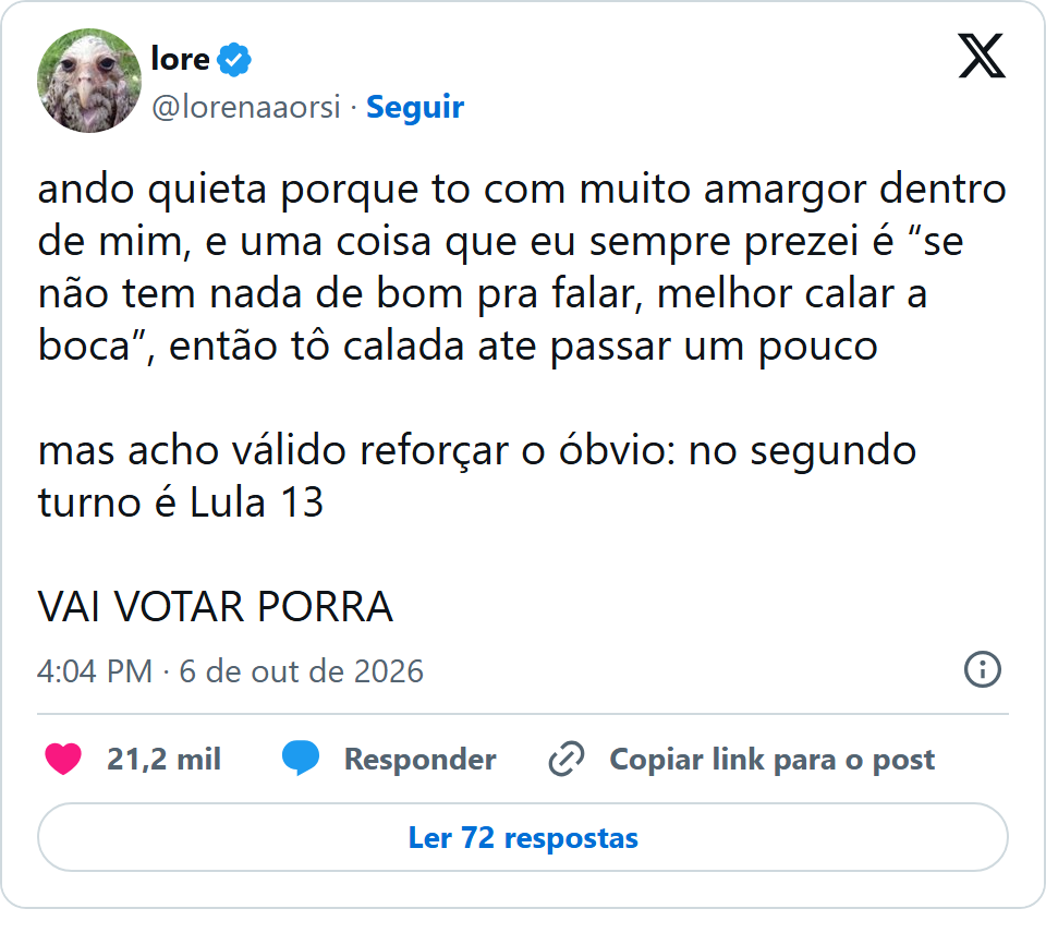 Print arquivado do post de Lorena Orsi em 06/10/2026