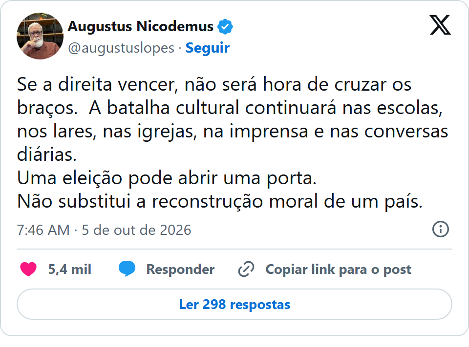 Print arquivado do post de Augustus Nicodemus em 05/10/2026