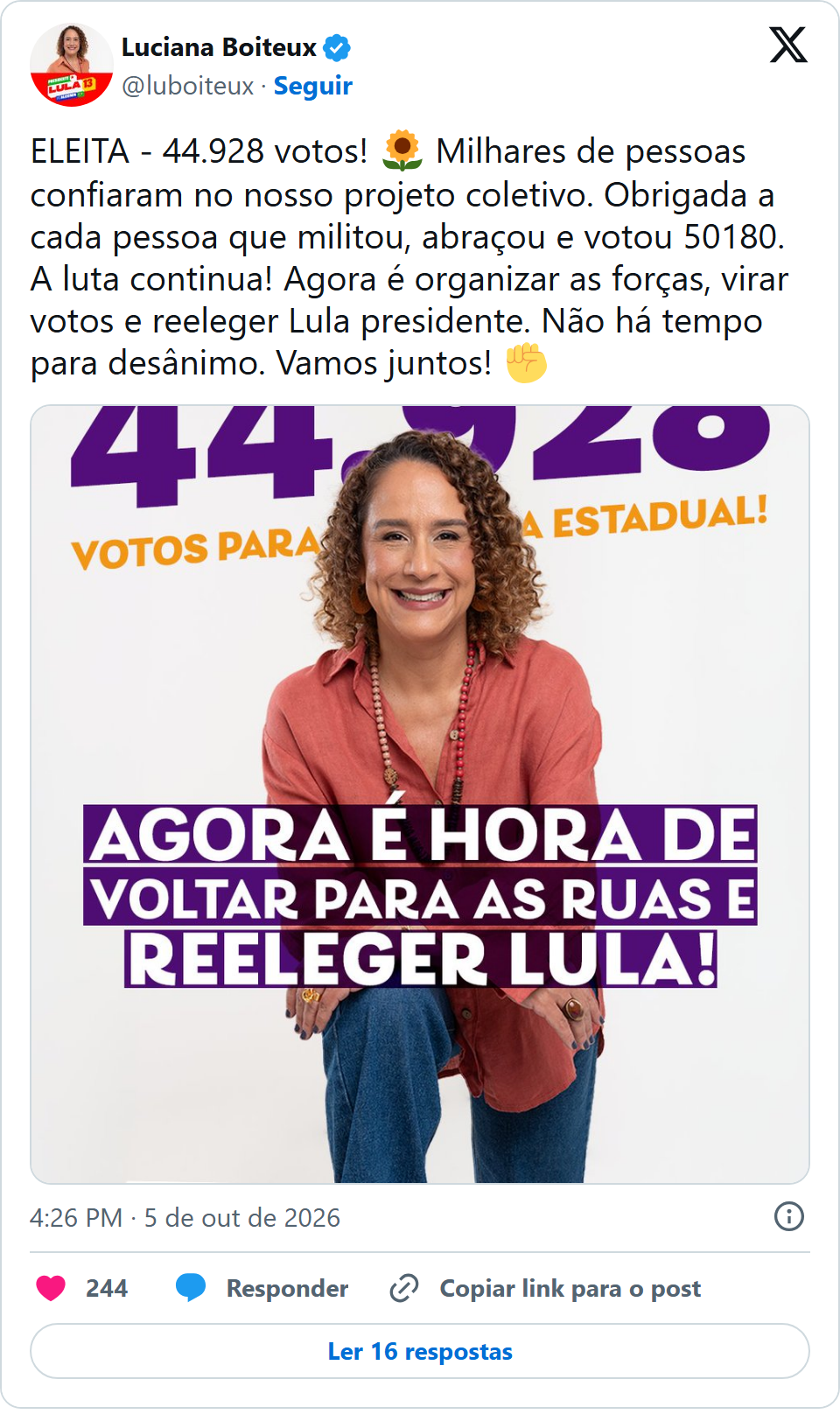 Print arquivado do post de Luciana Boiteux em 05/10/2026