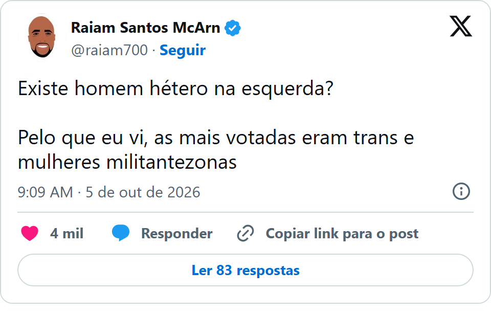 Print arquivado do post de Raiam Santos em 05/10/2026