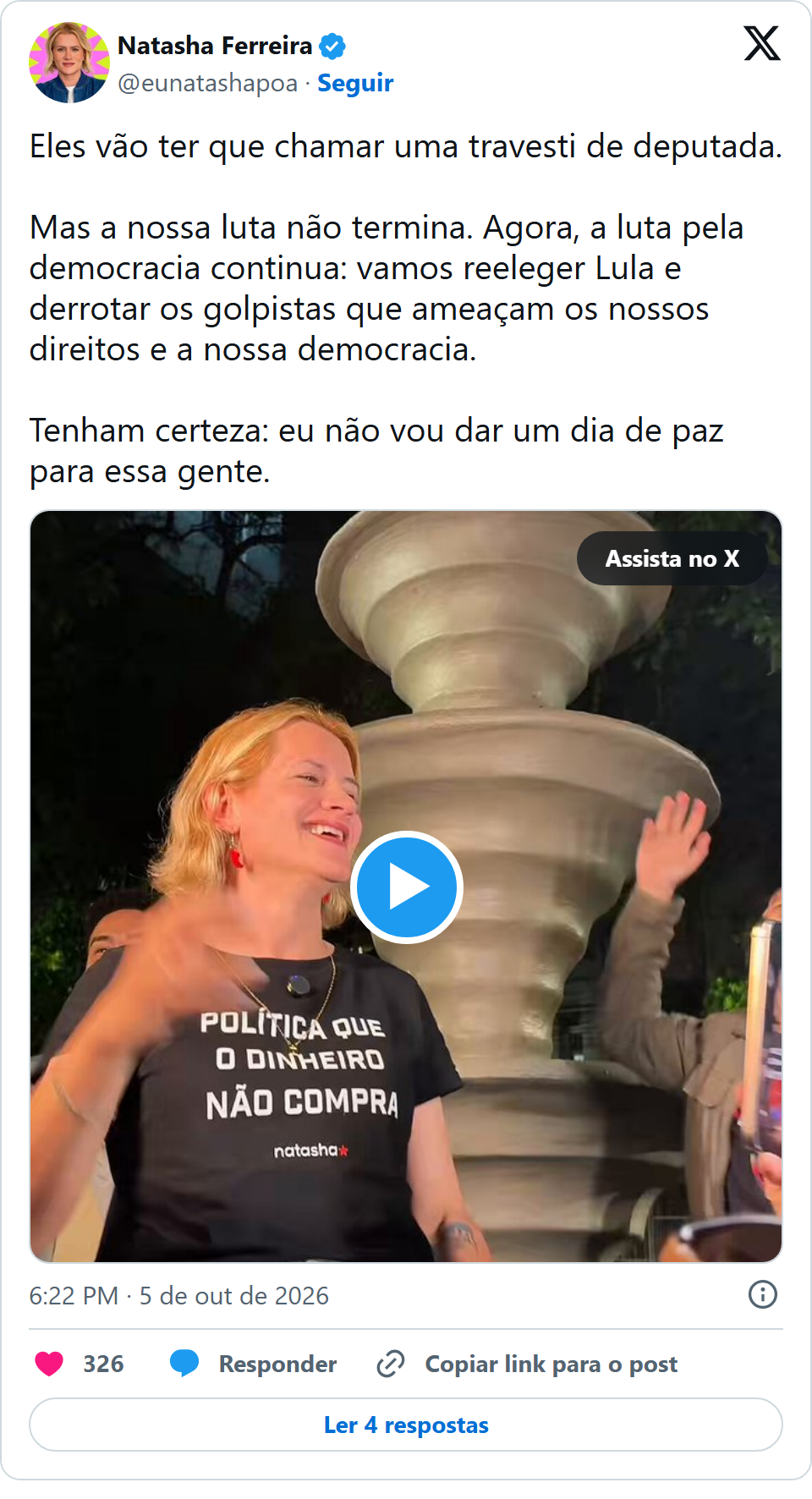 Print arquivado do post de Natasha (PT-RS) em 05/10/2026