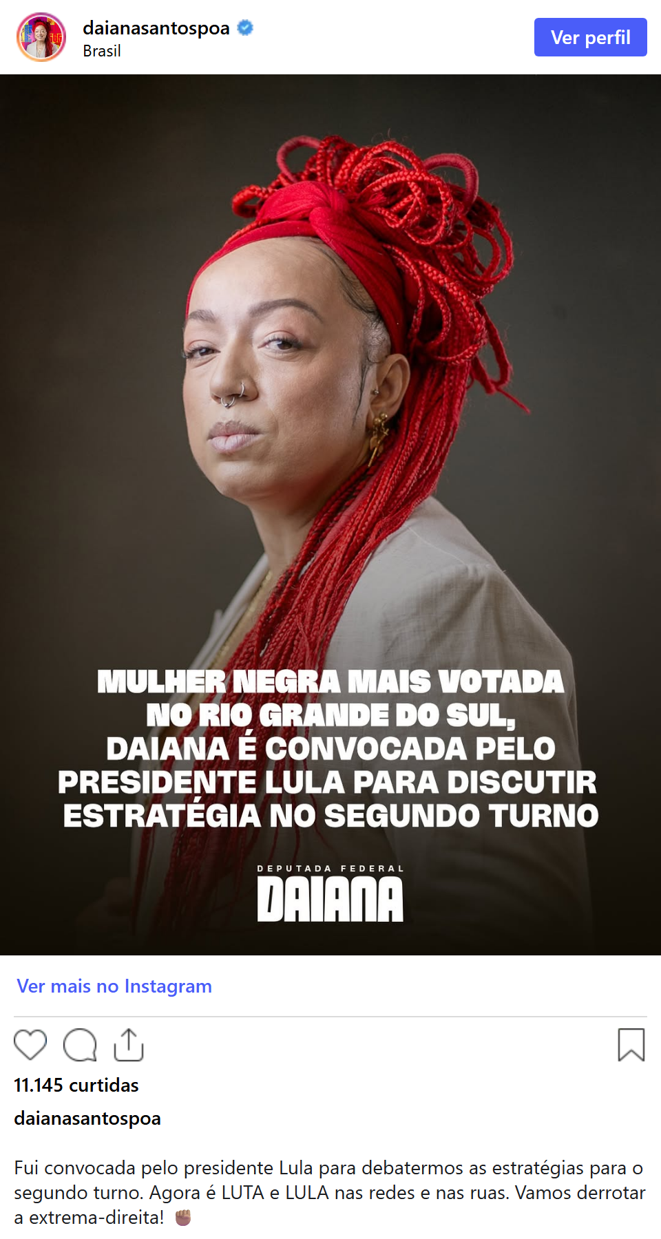 Print arquivado do post de Daiana Santos em 07/10/2026