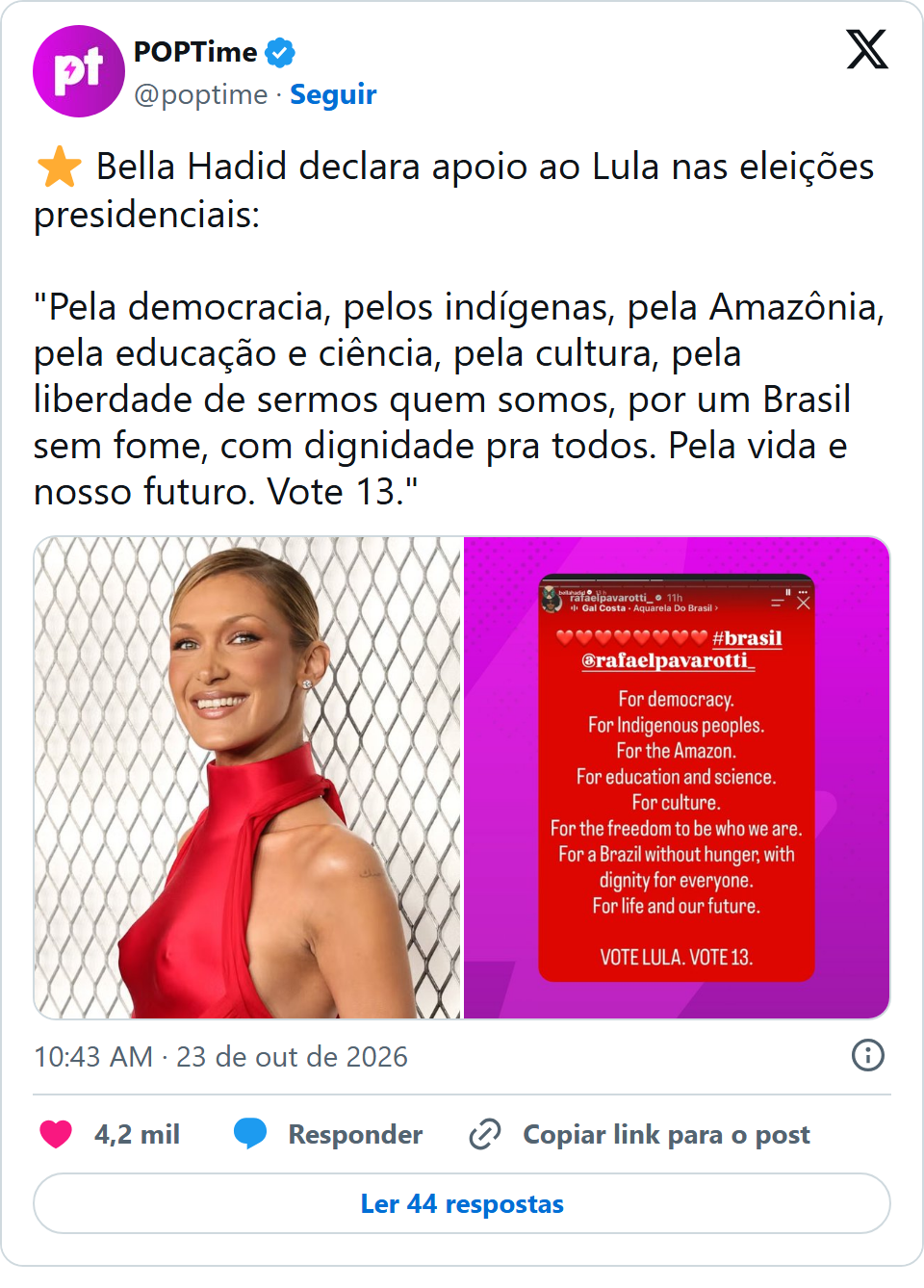 Print arquivado do post de Bella Hadid em 23/10/2026