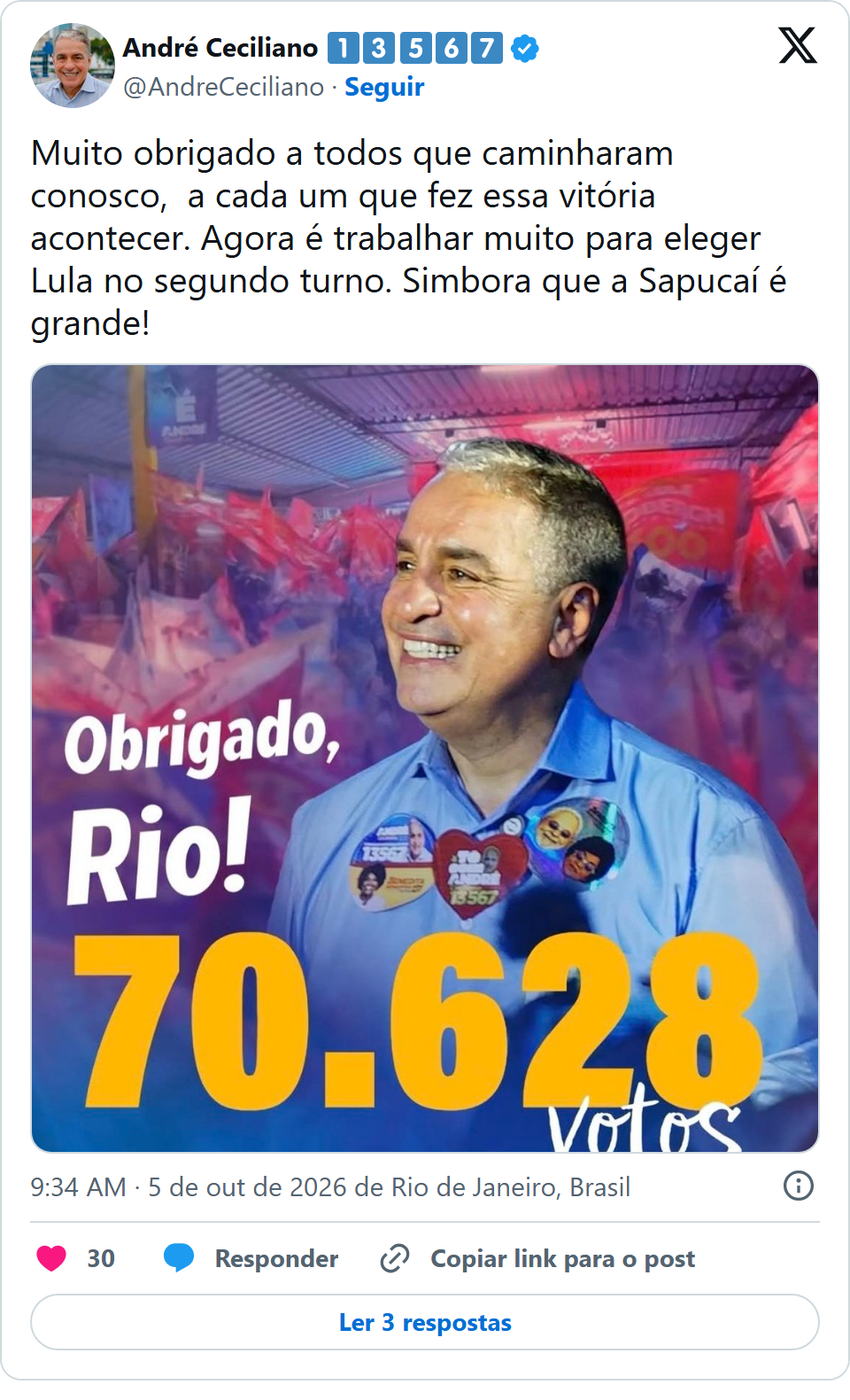 Print arquivado do post de André Ceciliano em 05/10/2026