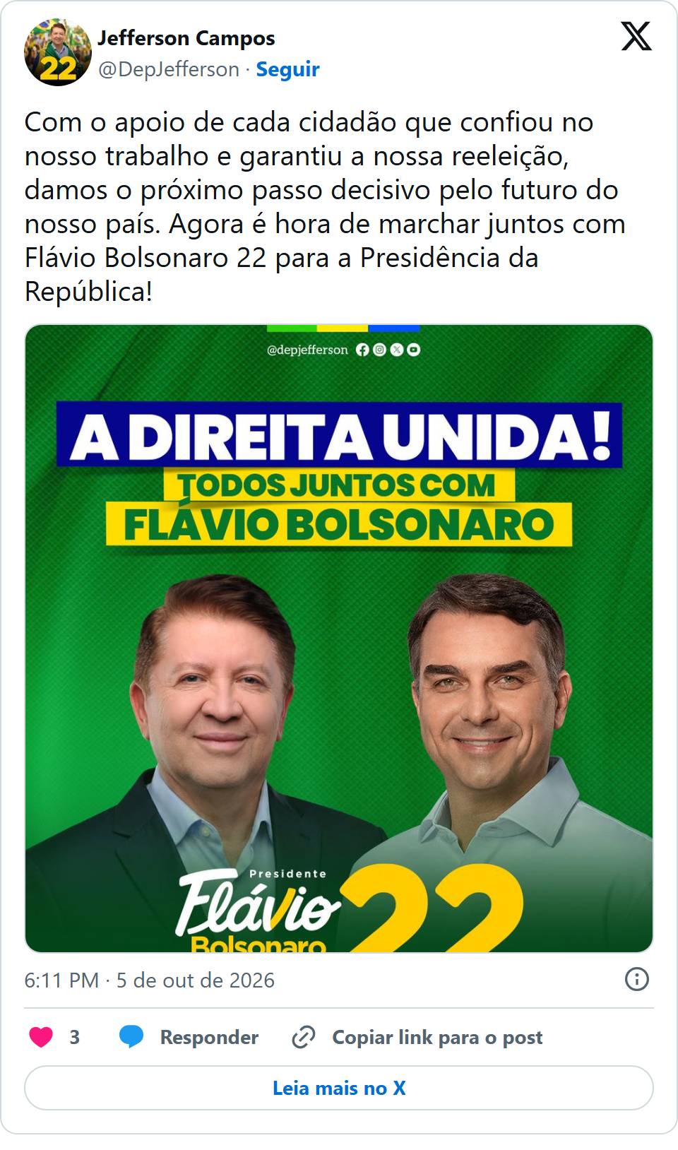 Print arquivado do post de Jefferson Campos em 05/10/2026