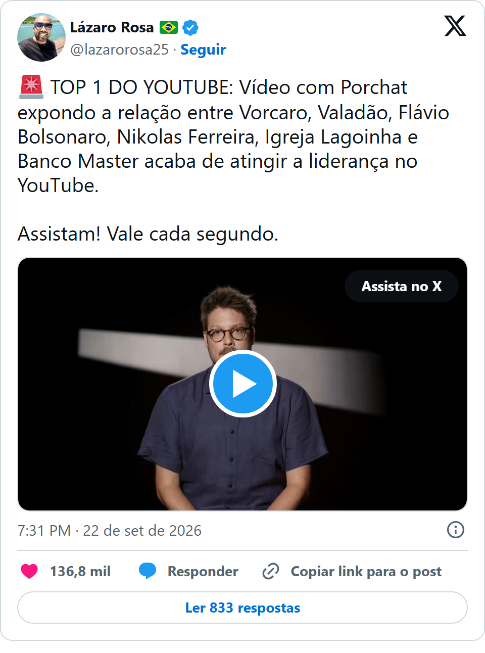 Print arquivado do post de Fábio Porchat em 22/09/2026