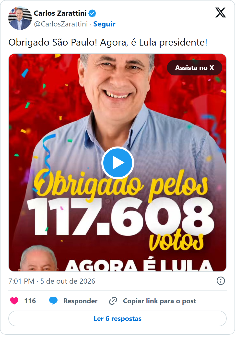Print arquivado do post de Carlos Zarattini em 05/10/2026