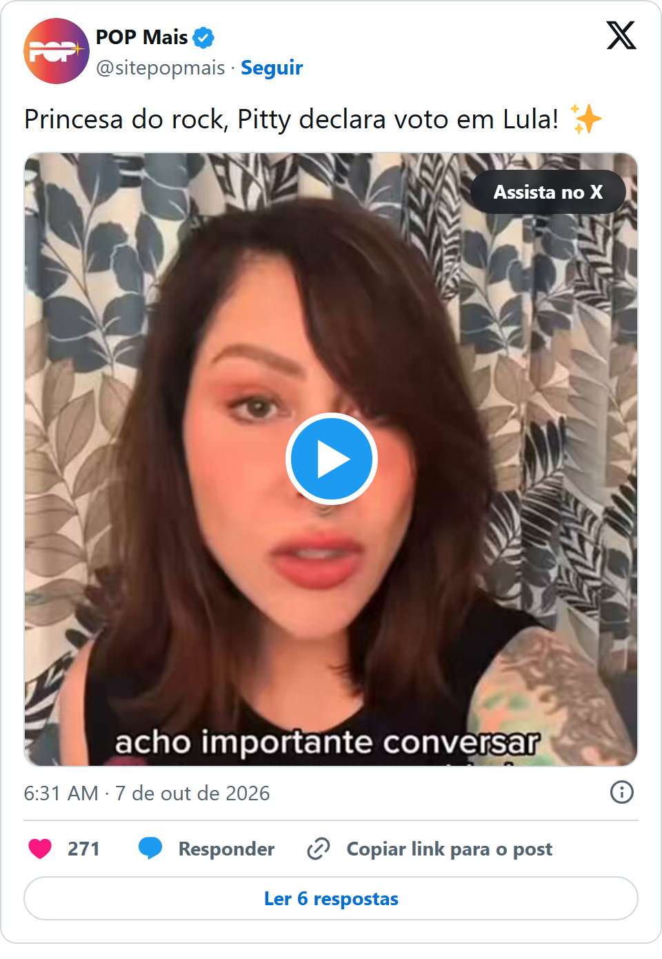 Print arquivado do post de Pitty em 07/10/2026