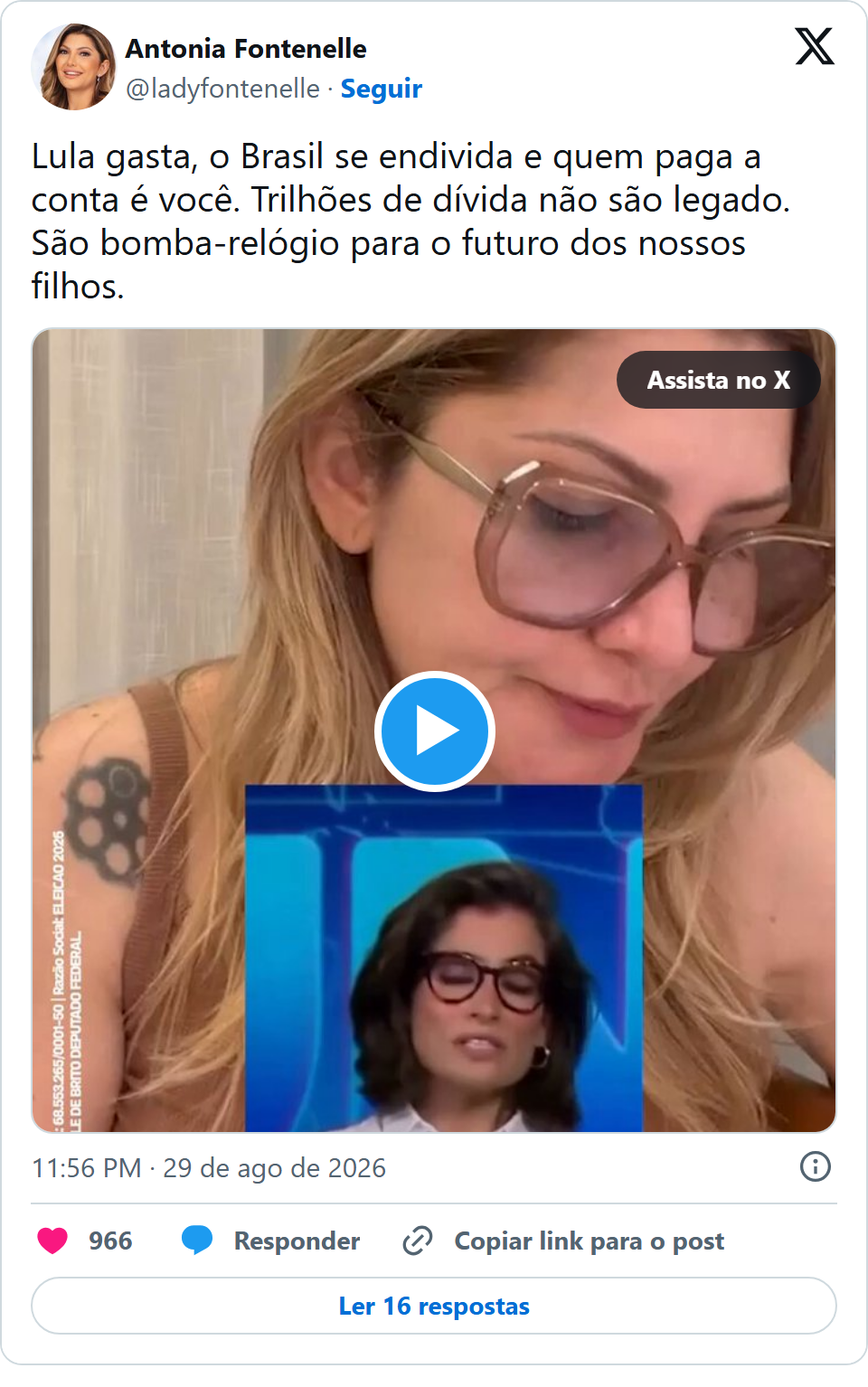 Print arquivado do post de Antônia Fontenelle em 29/08/2026