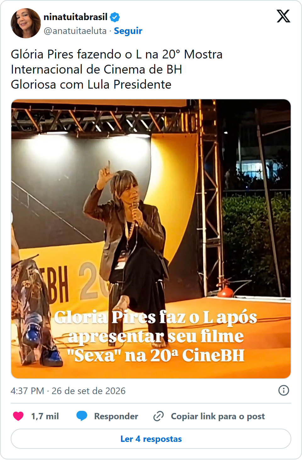 Print arquivado do post de Gloria Pires em 26/09/2026